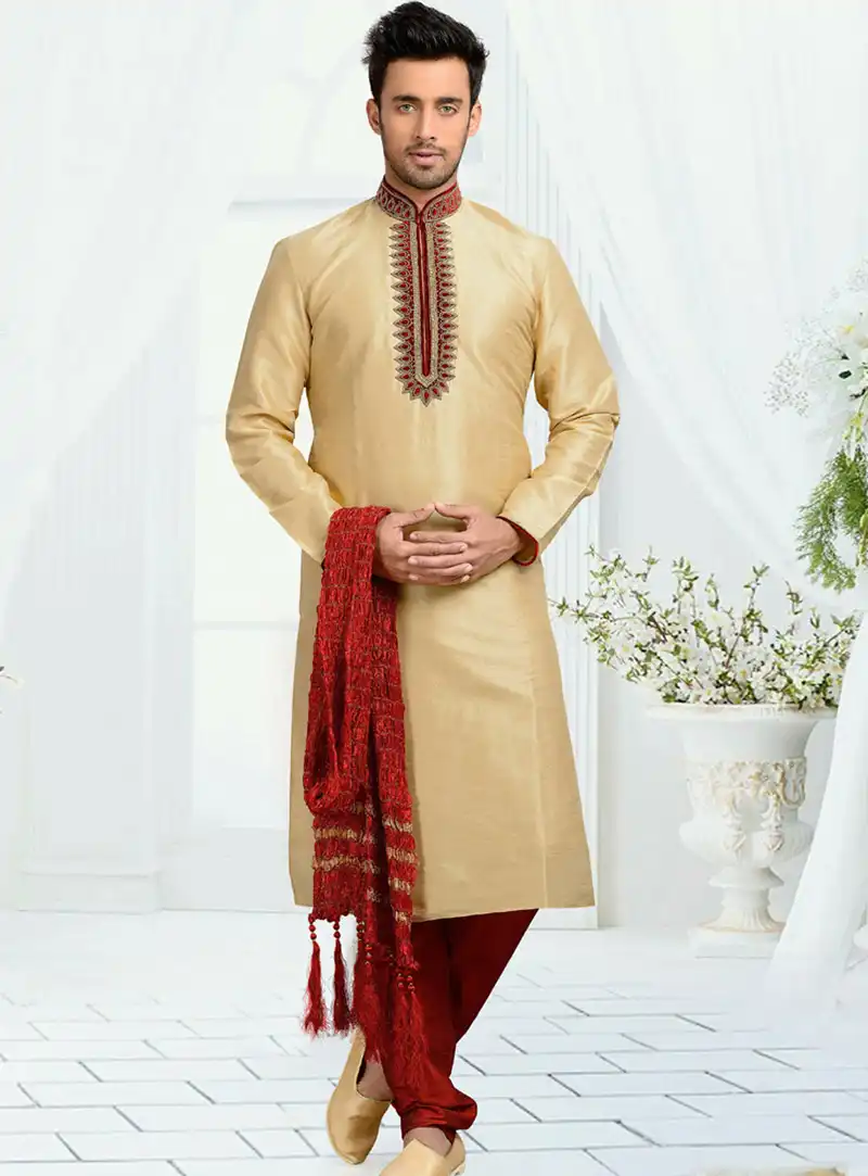 Cream Dupion Readymade Kurta With Churidar 73669