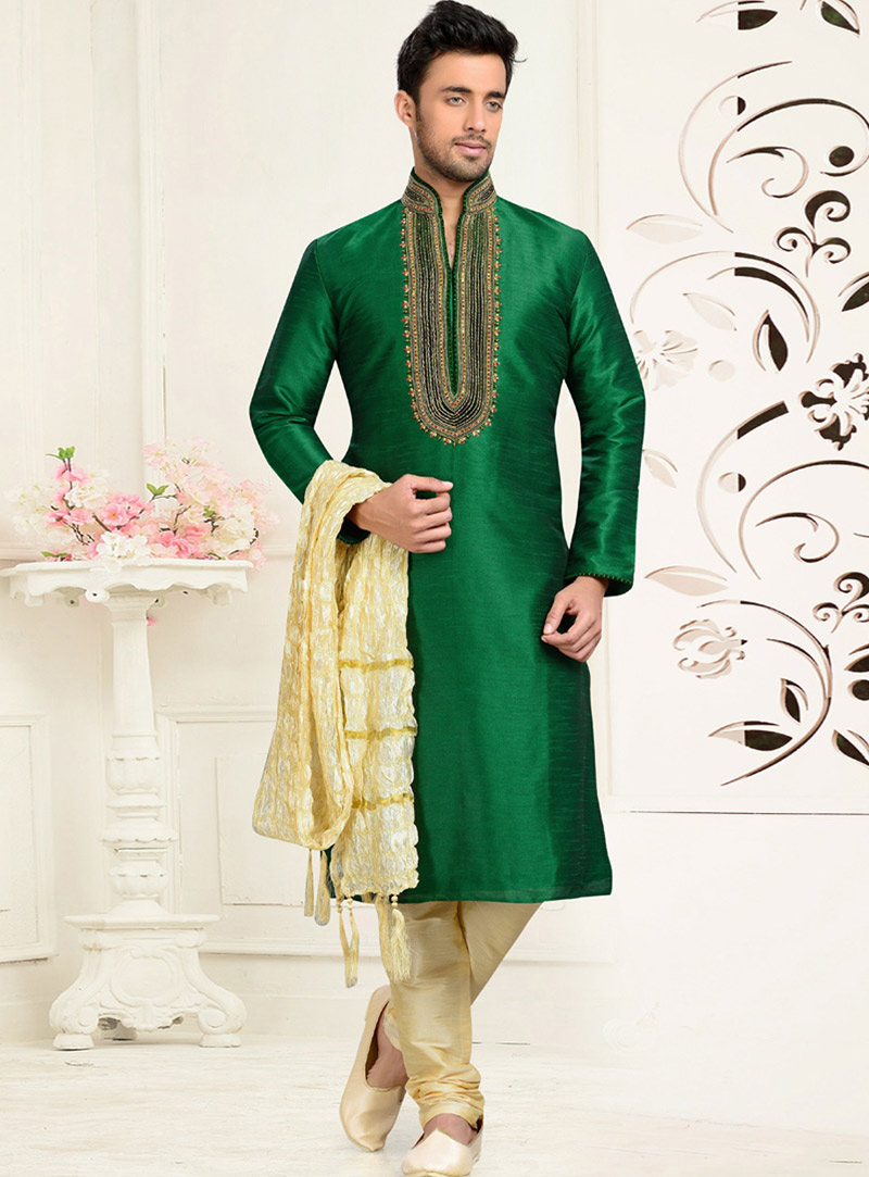 Green Dupion Readymade Kurta With Churidar 73671
