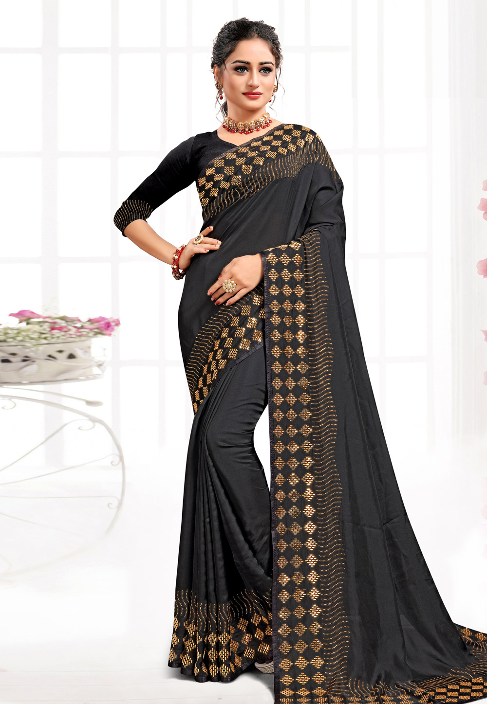 Black Satin Saree With Blouse 216494