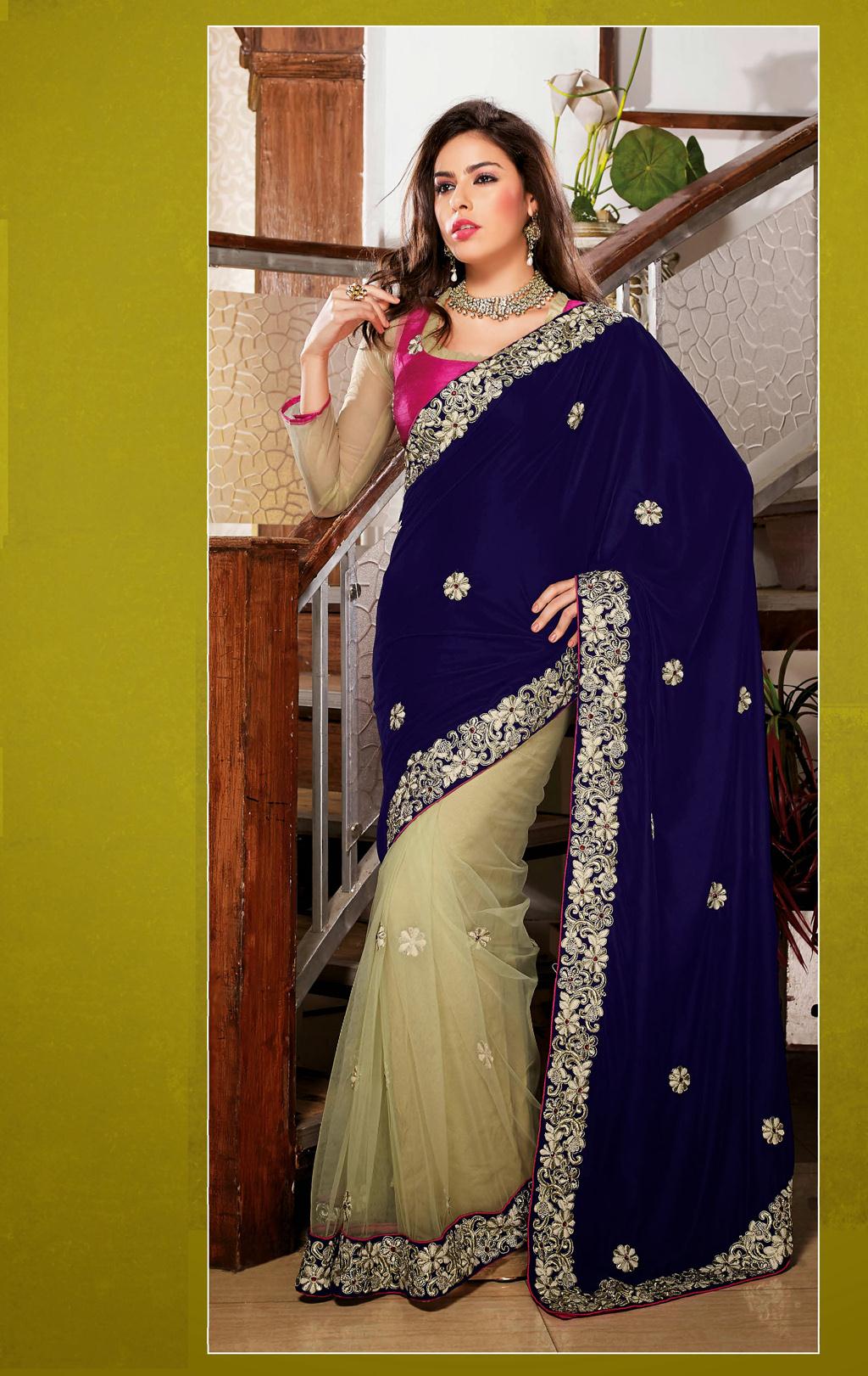 Blue and Cream Wedding Saree 29893