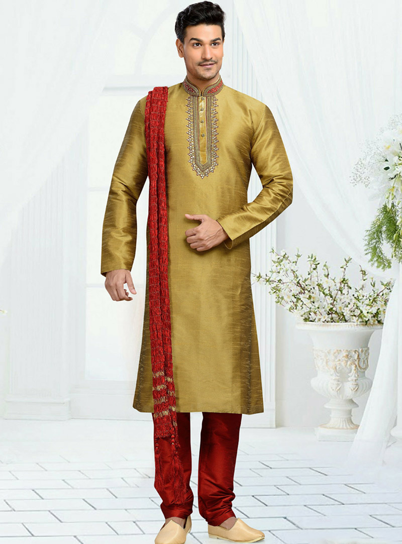 Mustard Dupion Readymade Kurta With Churidar 73672