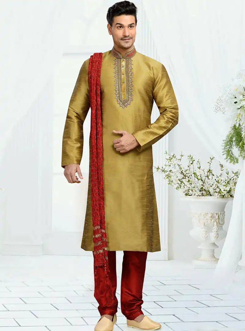 Mustard Dupion Readymade Kurta With Churidar 73672