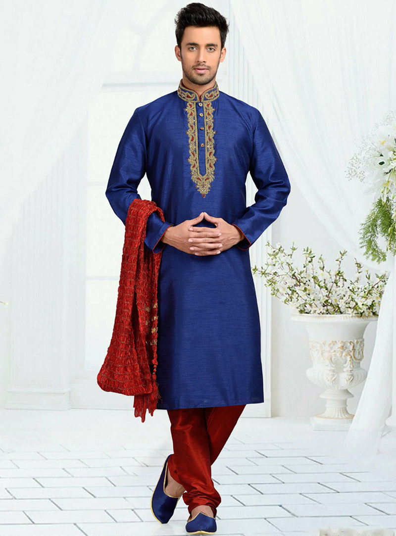 Blue Dupion Readymade Kurta With Churidar 73673