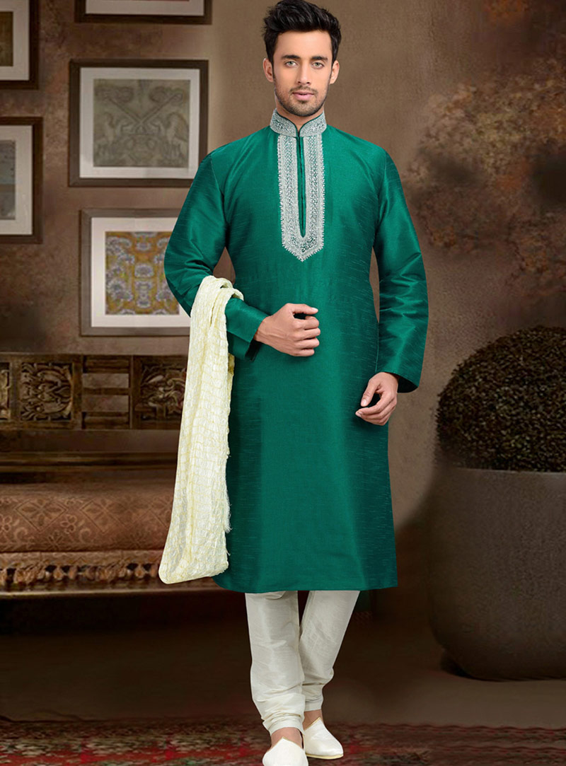 Teal Dupion Readymade Kurta With Churidar 73674