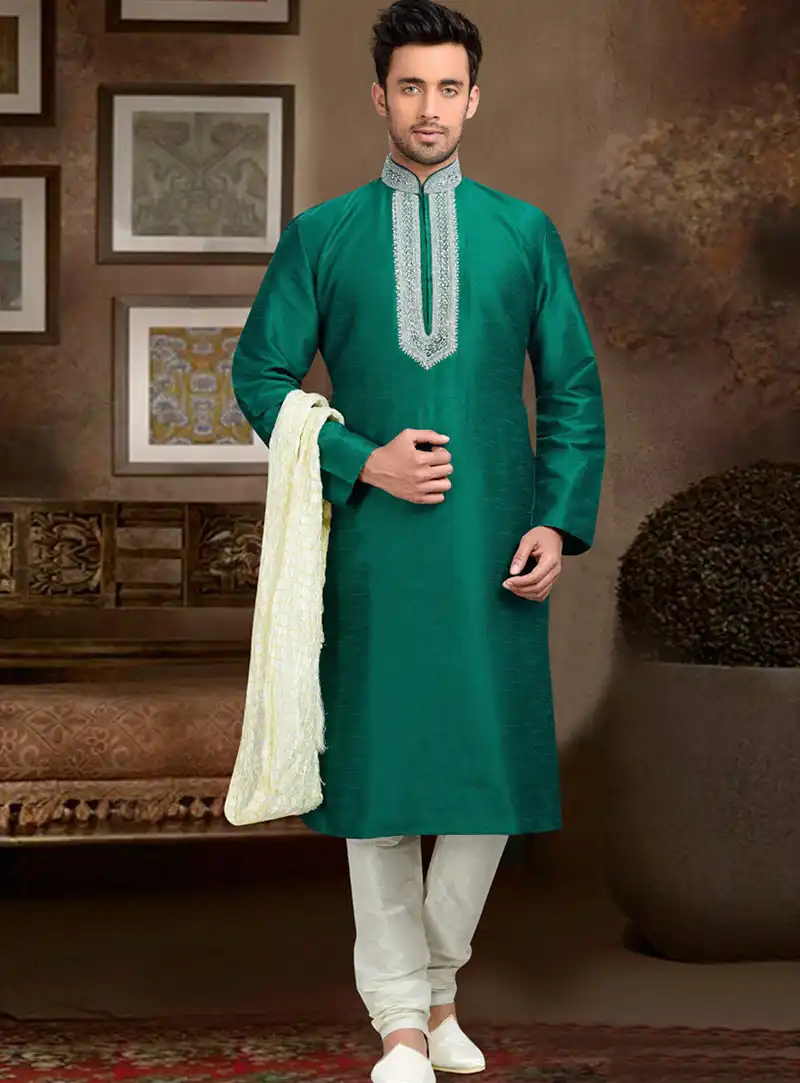 Teal Dupion Readymade Kurta With Churidar 73674