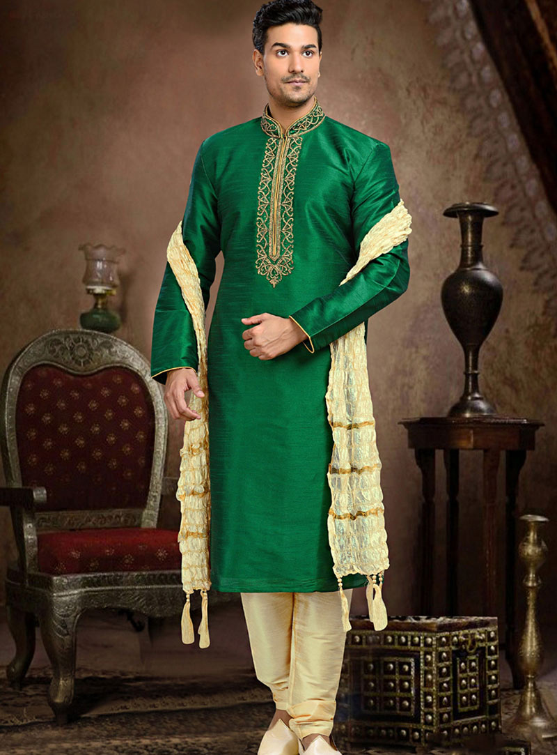 Green Dupion Readymade Kurta With Churidar 73686
