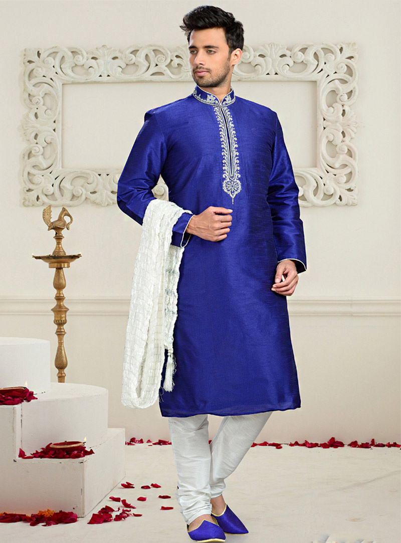 Blue Dupion Readymade Kurta With Churidar 73687