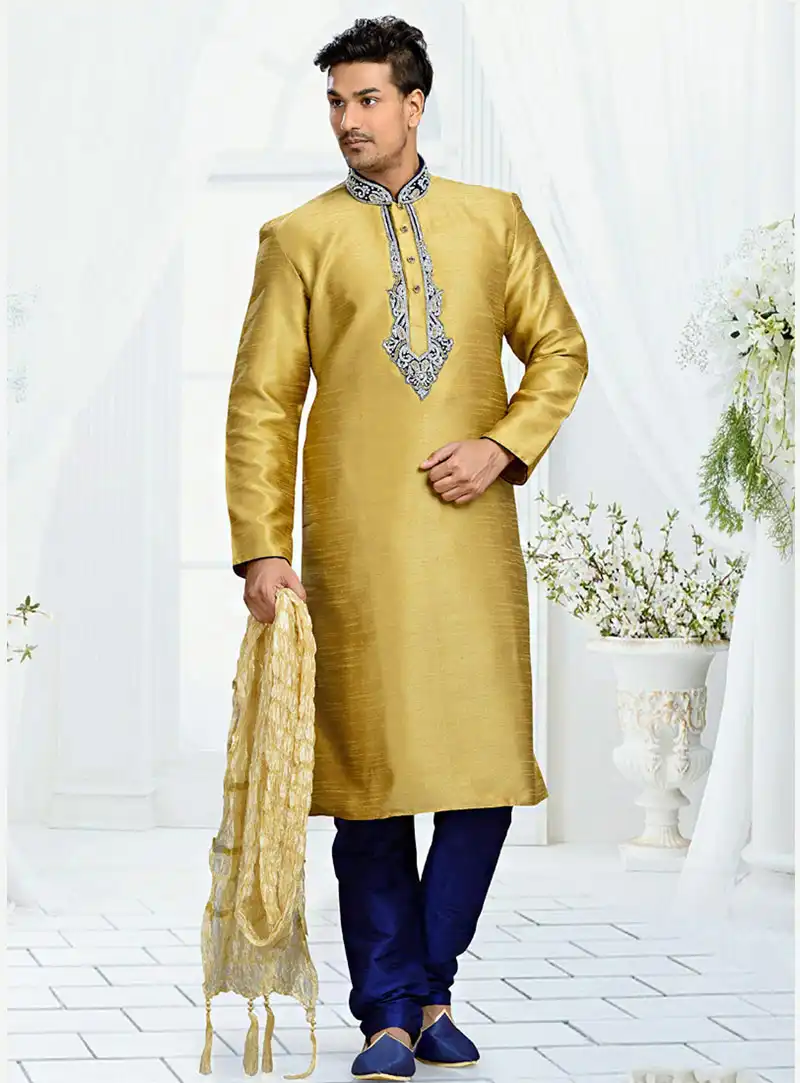 Mustard Art Silk Readymade Kurta With Churidar 73690