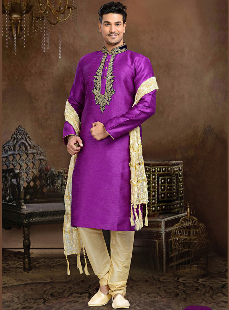 Magenta Art Silk Readymade Kurta With Churidar 73691