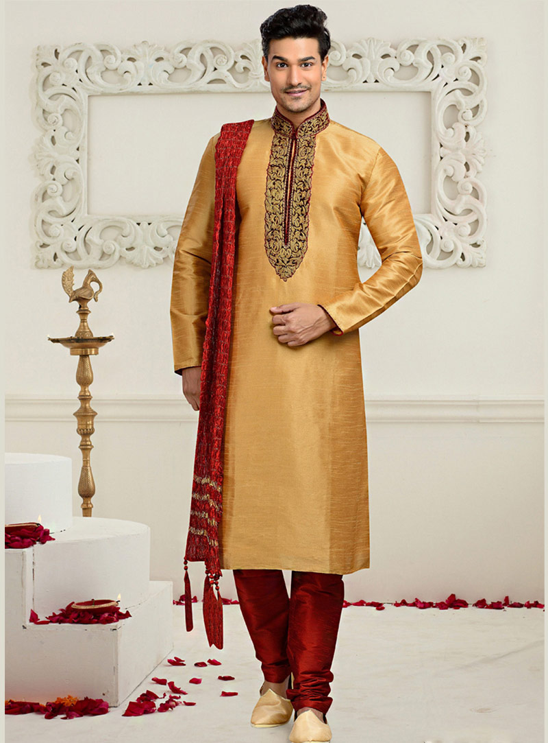 Beige Art Silk Readymade Kurta With Churidar 73692