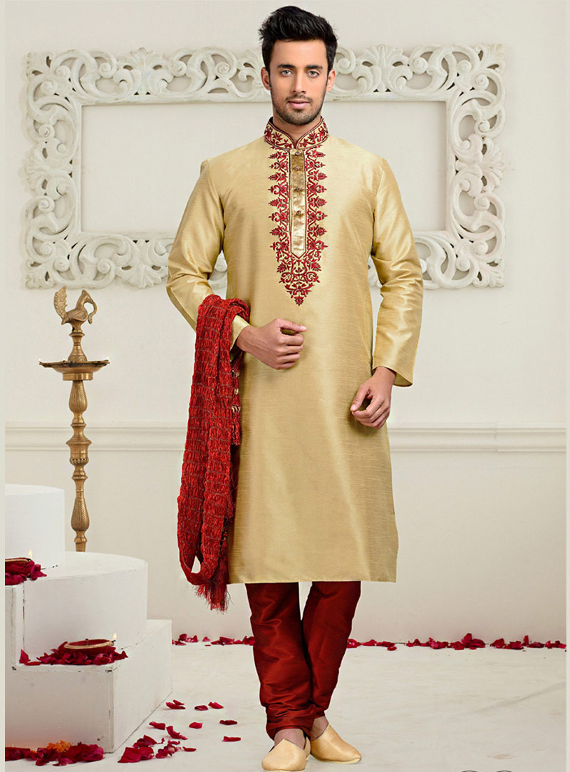 Cream Art Silk Readymade Kurta With Churidar 73693