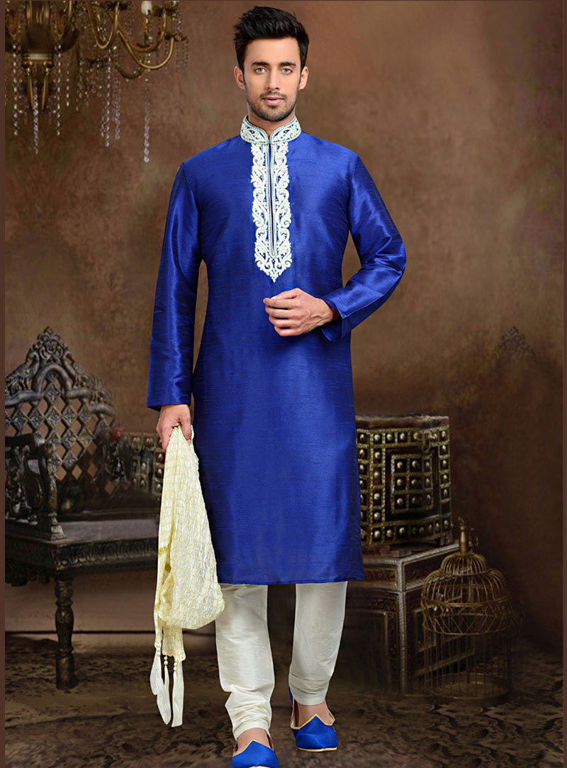 Blue Art Silk Readymade Kurta With Churidar 73694