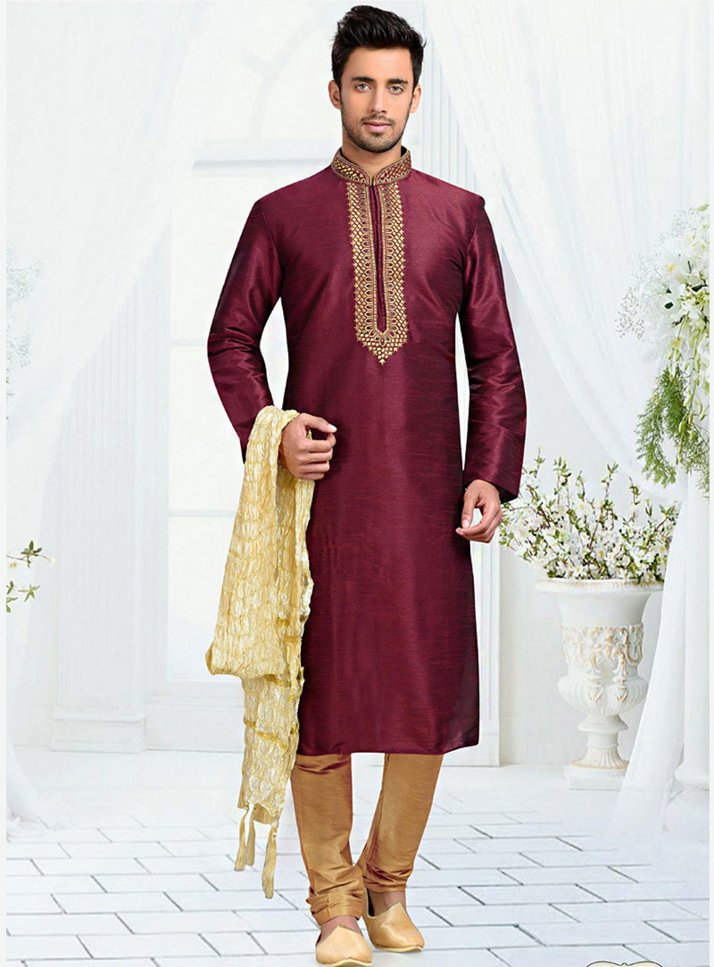 Wine Art Silk Readymade Kurta With Churidar 73696