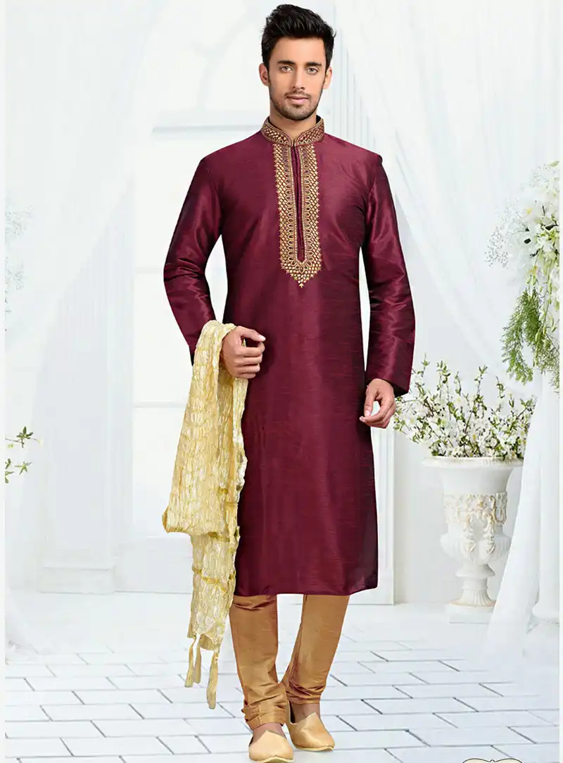 Wine Art Silk Readymade Kurta With Churidar 73696