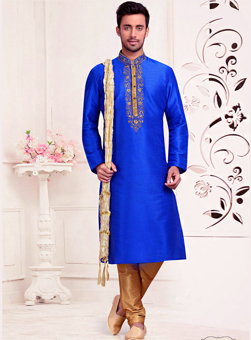 Blue Art Silk Readymade Kurta With Churidar 73697