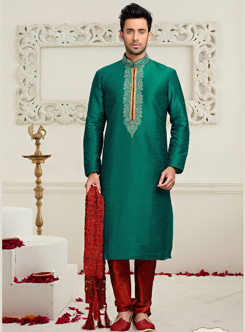 Teal Art Silk Readymade Kurta With Churidar 73700