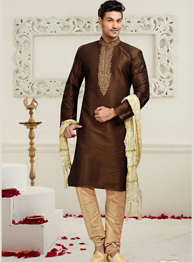 Brown Art Silk Readymade Kurta With Churidar 73701