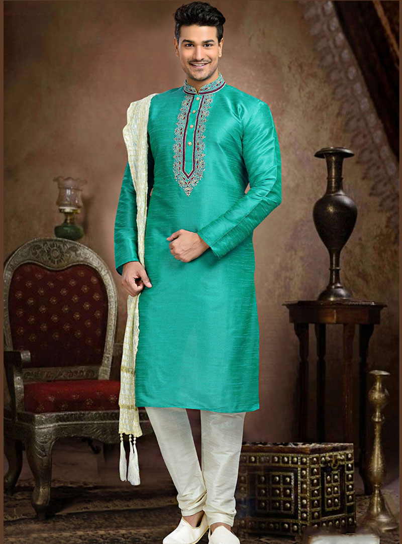 Sea Green Art Silk Readymade Kurta With Churidar 73702