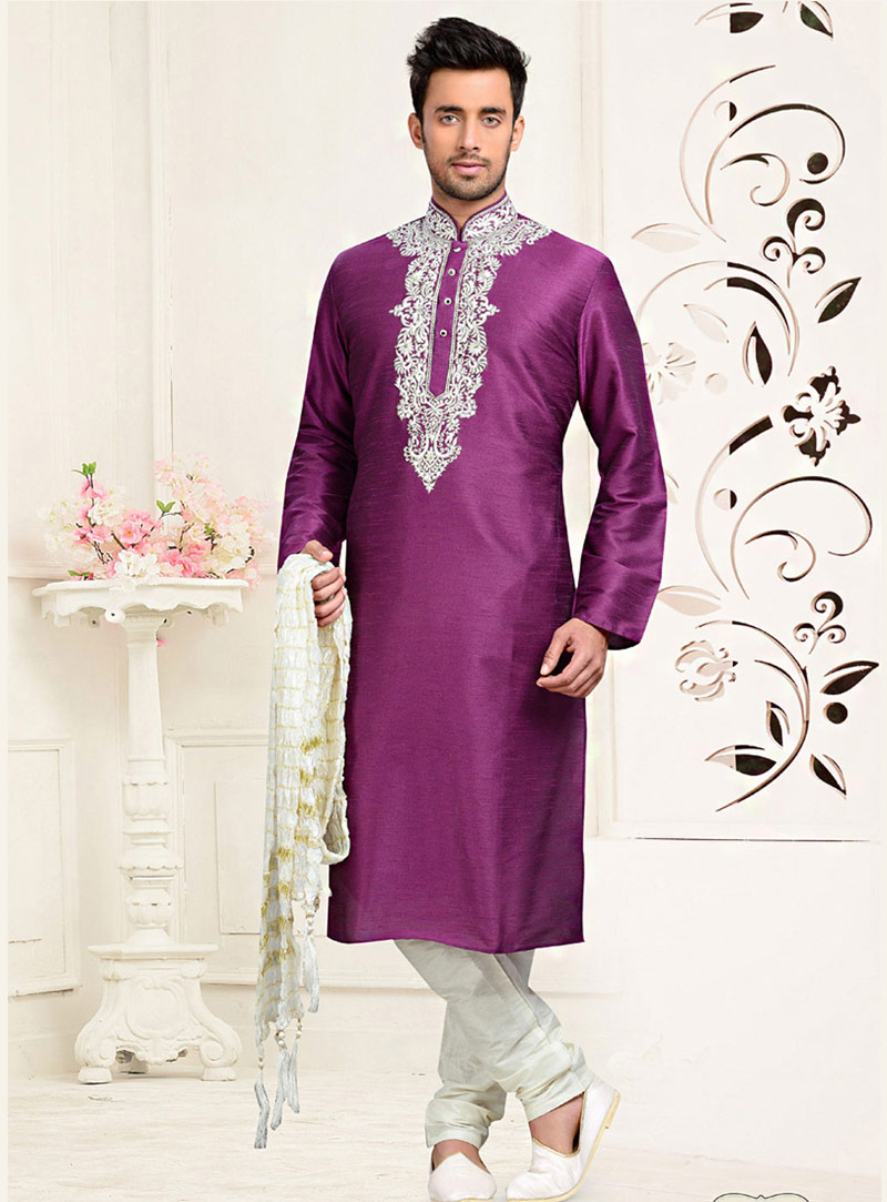 Purple Art Silk Readymade Kurta With Churidar 73703