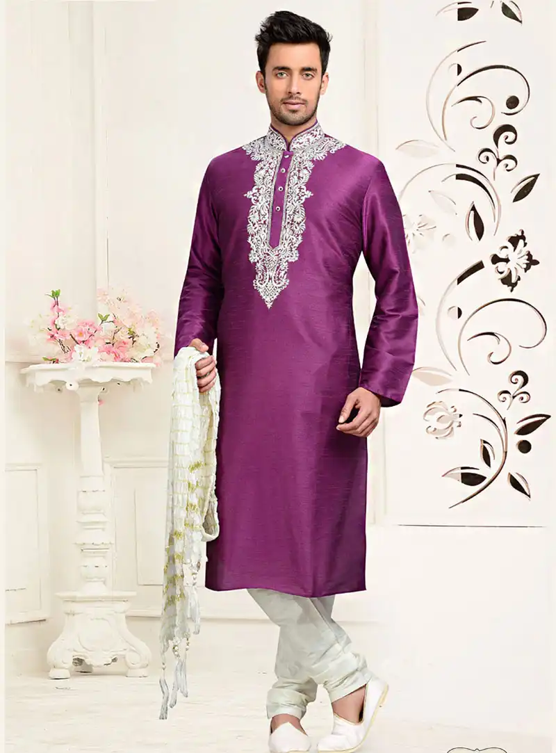 Purple Art Silk Readymade Kurta With Churidar 73703