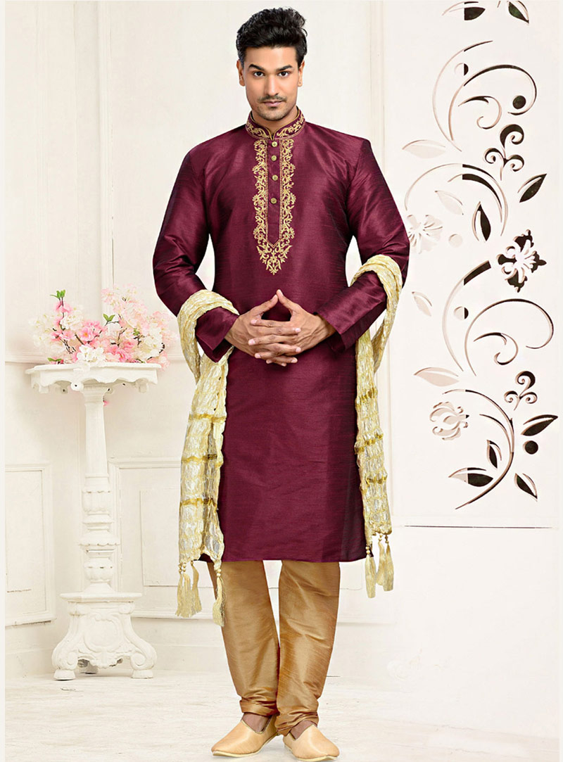 Wine Art Silk Readymade Kurta With Churidar 73704
