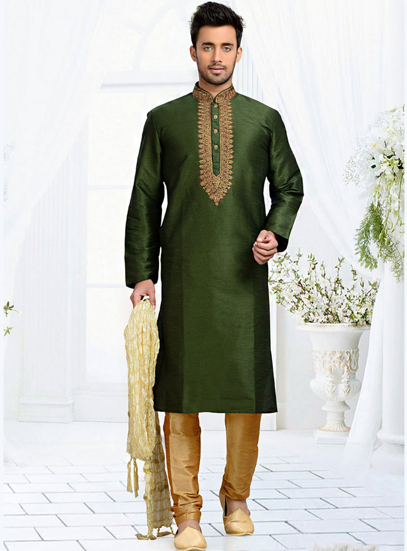 Green Art Silk Readymade Kurta With Churidar 73705