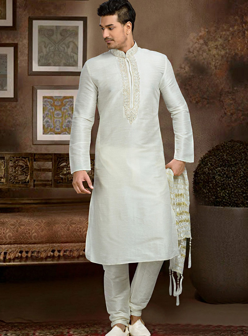White Dupion Readymade Kurta With Churidar 73768