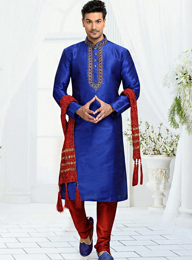 Blue Dupion Readymade Kurta With Churidar 73769