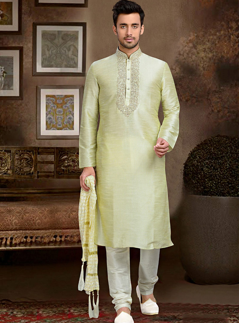 Light Yellow Dupion Readymade Kurta With Churidar 73770