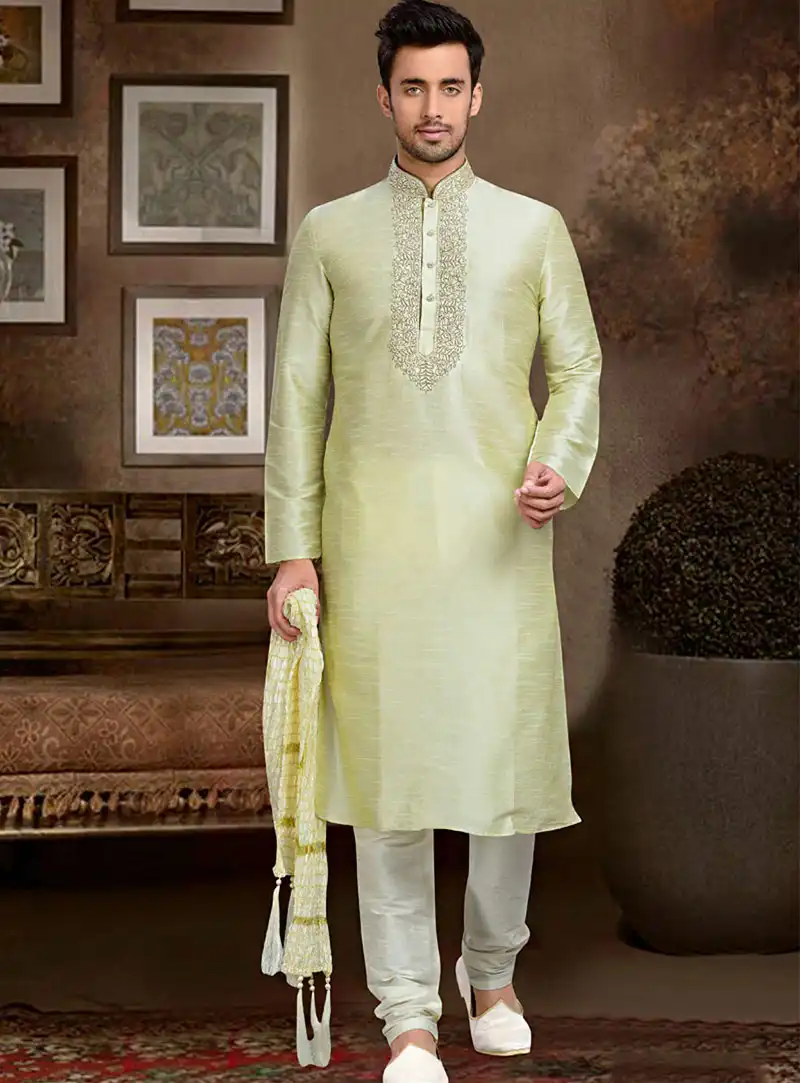 Light Yellow Dupion Readymade Kurta With Churidar 73770