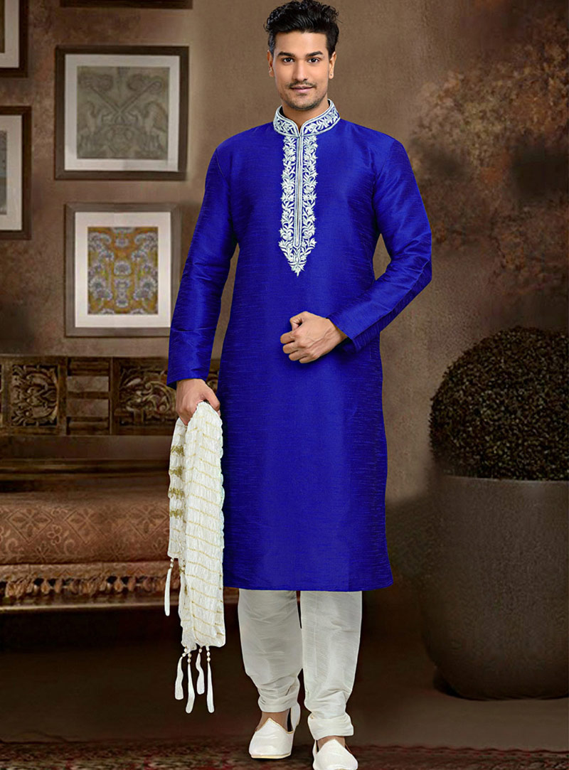Blue Dupion Readymade Kurta With Churidar 73771