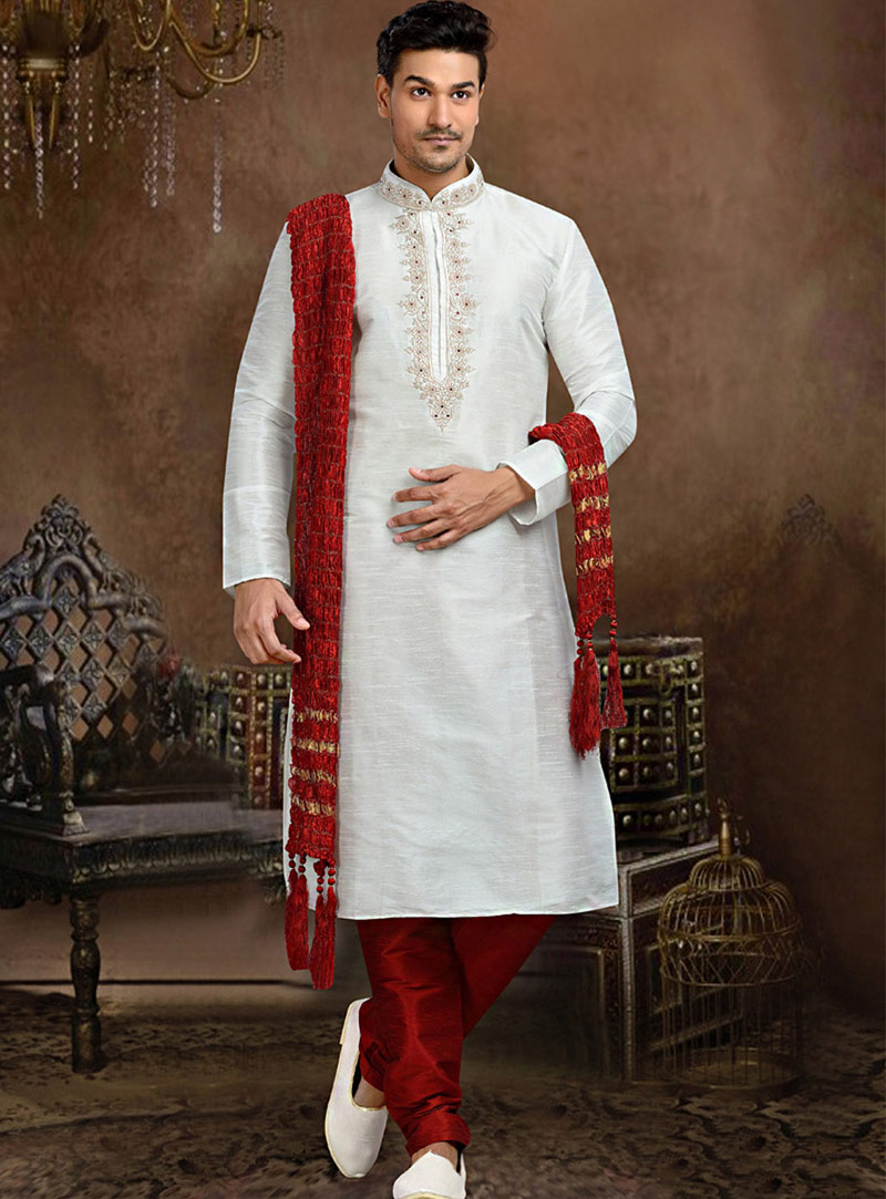 White Dupion Readymade Kurta With Churidar 73772