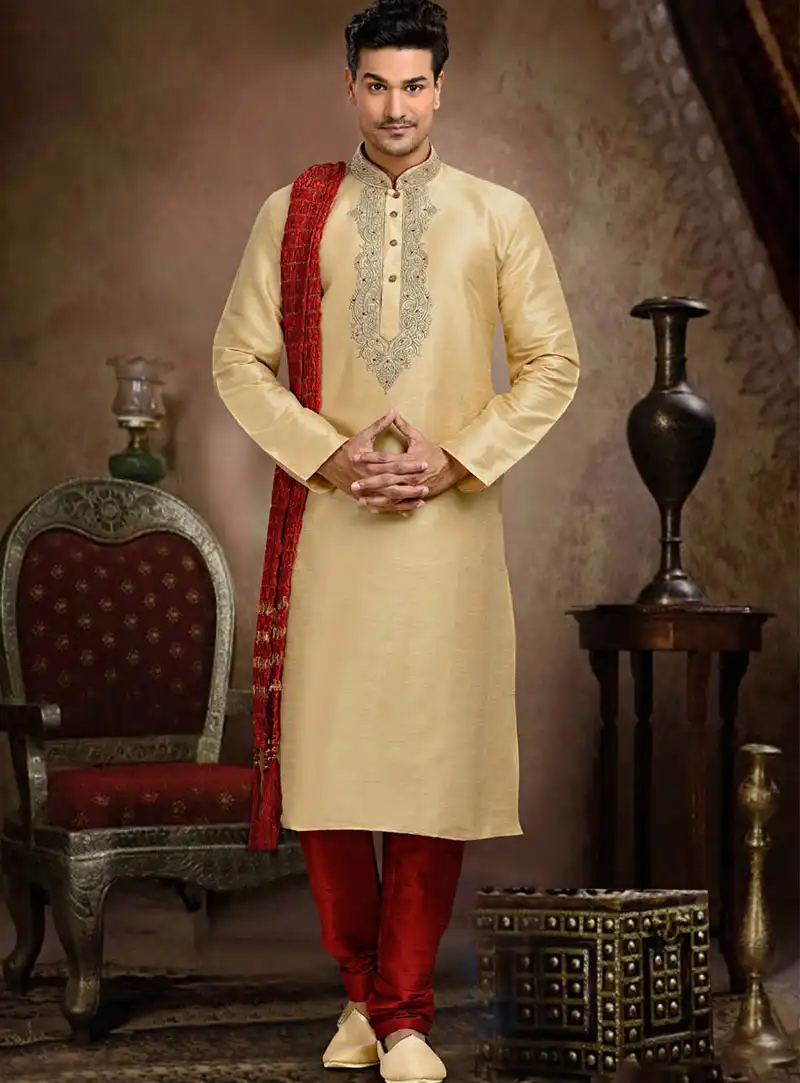Beige Dupion Readymade Kurta With Churidar 73773