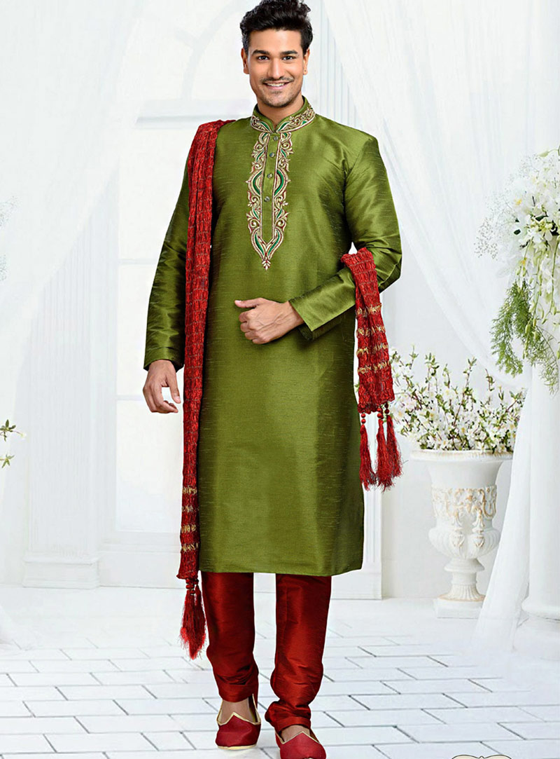 Green Dupion Readymade Kurta With Churidar 73774