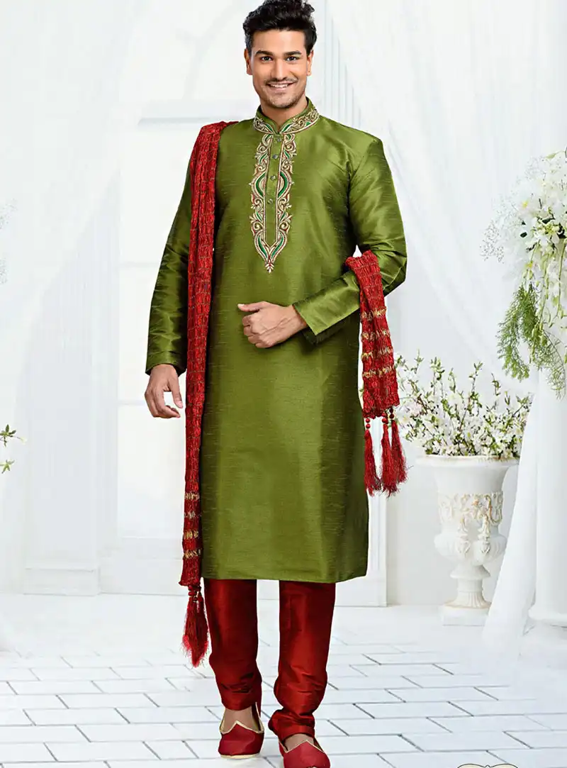 Green Dupion Readymade Kurta With Churidar 73774