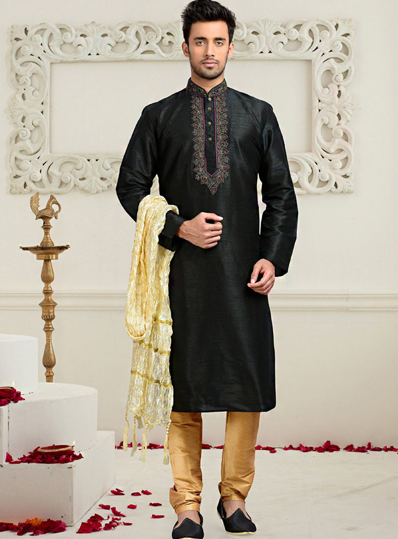 Black Dupion Readymade Kurta With Churidar 73775