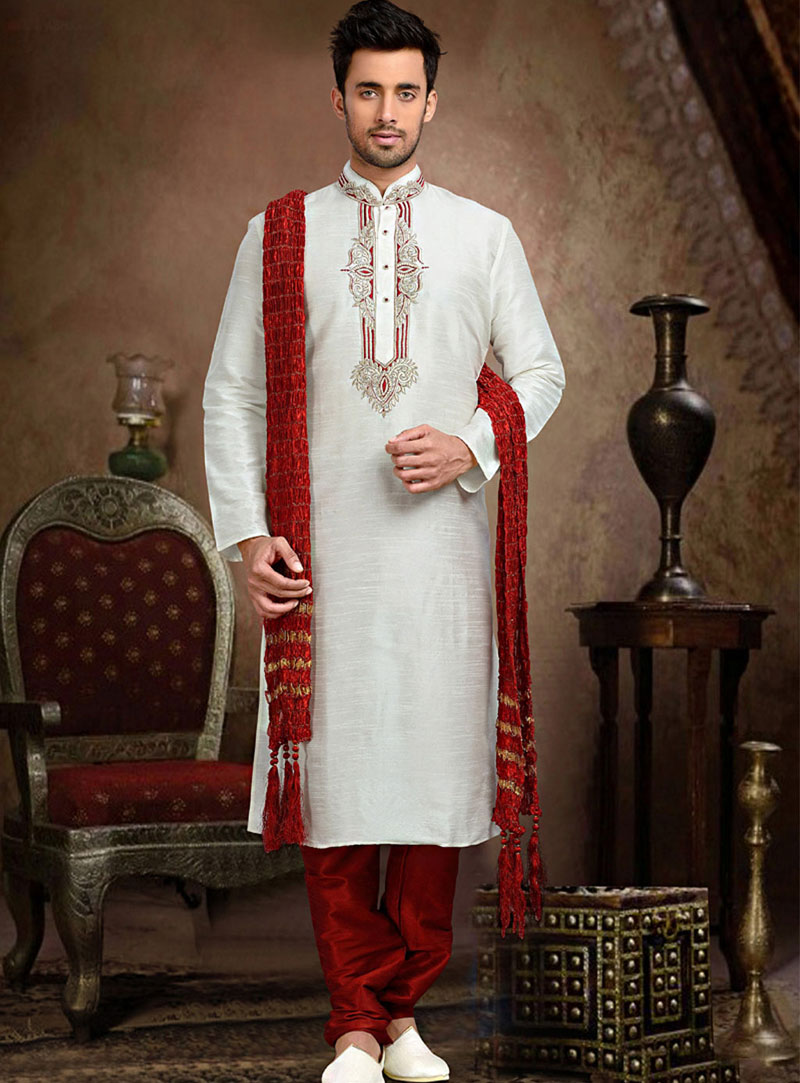White Dupion Readymade Kurta With Churidar 73776