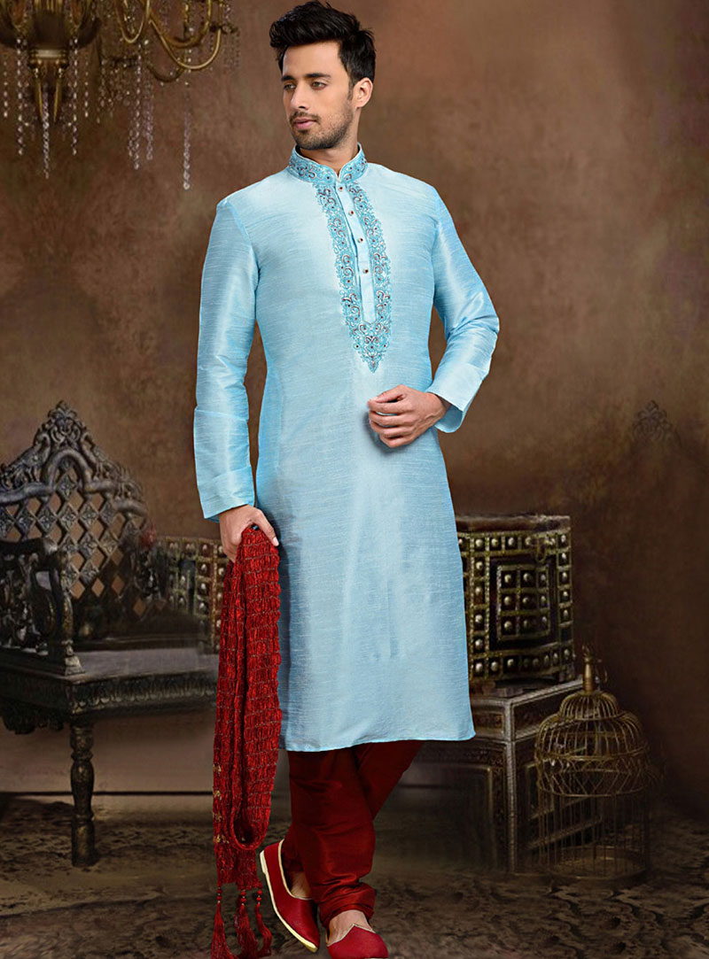 Sky Blue Dupion Readymade Kurta With Churidar 73777