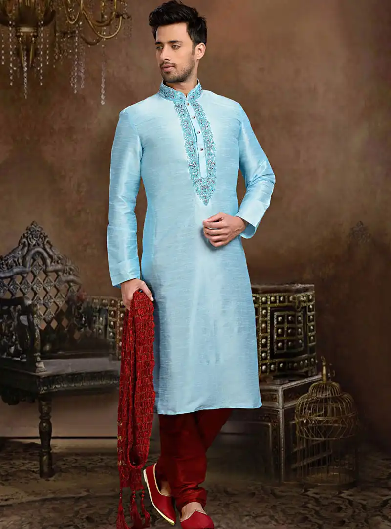 Sky Blue Dupion Readymade Kurta With Churidar 73777