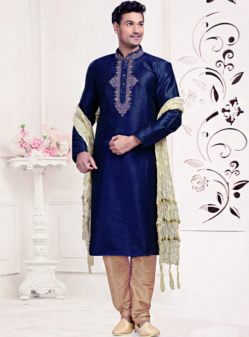 Navy Blue Dupion Readymade Kurta With Churidar 73825