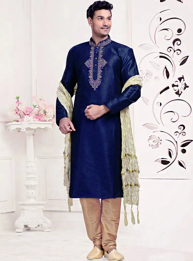 Navy Blue Dupion Readymade Kurta With Churidar 73825
