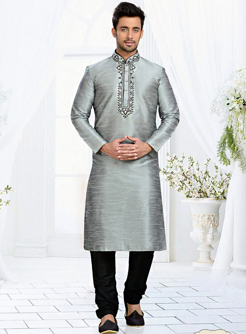 Grey Dupion Readymade Kurta With Churidar 73827