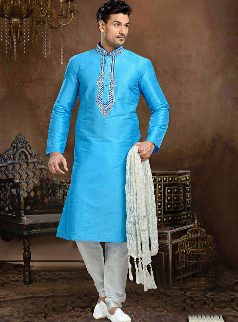 Sky Blue Dupion Readymade Kurta With Churidar 73828