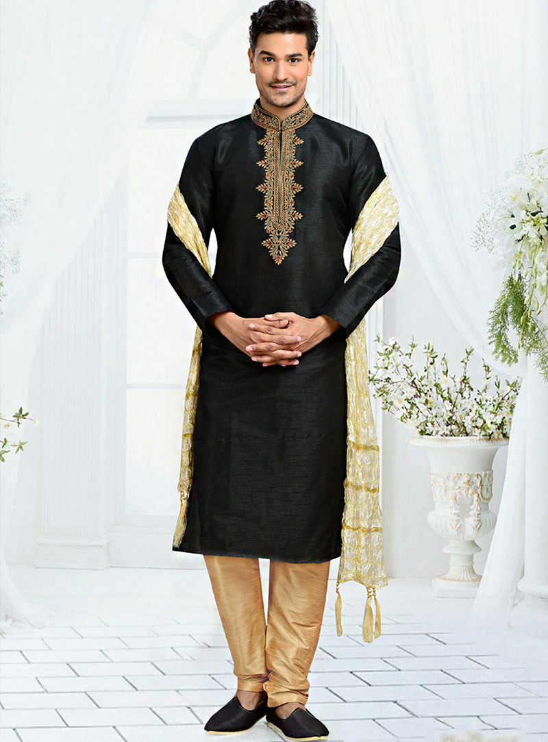 Black Dupion Readymade Kurta With Churidar 73829