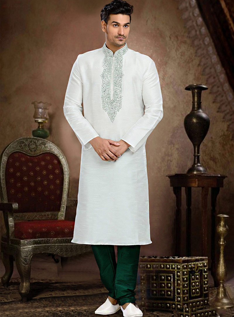 White Dupion Readymade Kurta With Churidar 73830