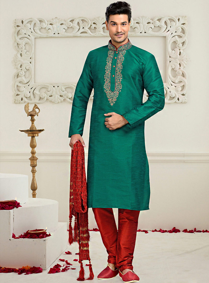 Teal Dupion Readymade Kurta With Churidar 73831