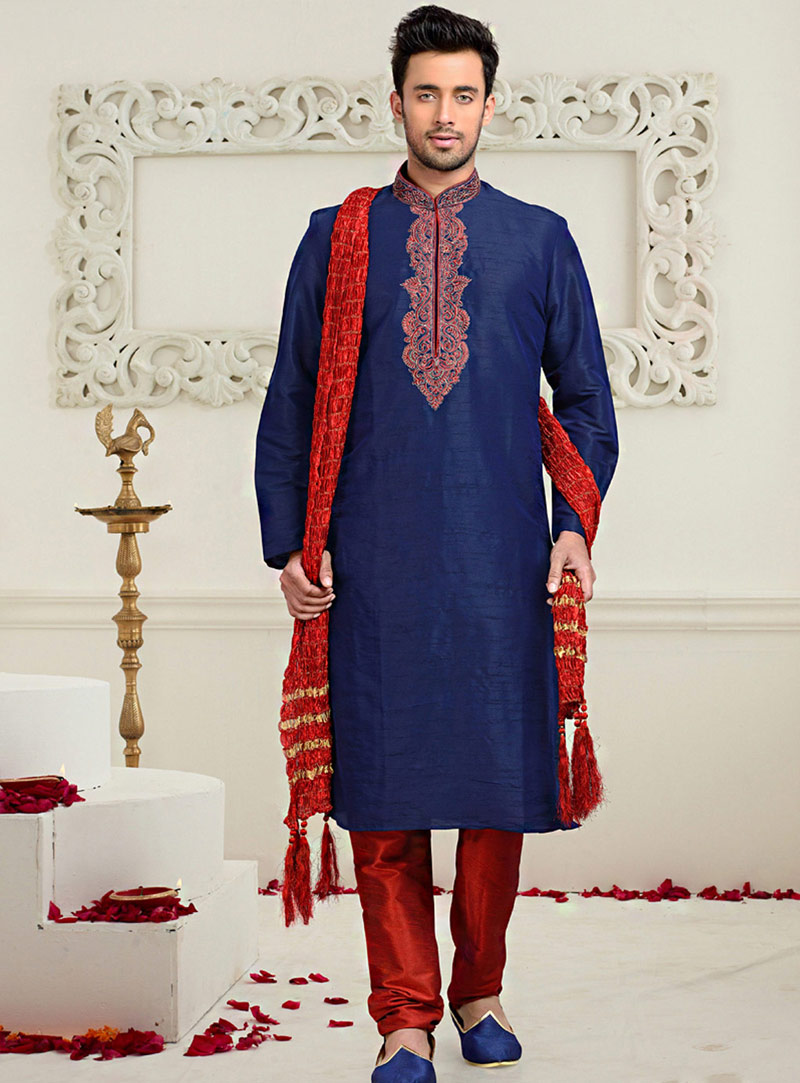 Navy Blue Dupion Readymade Kurta With Churidar 73832