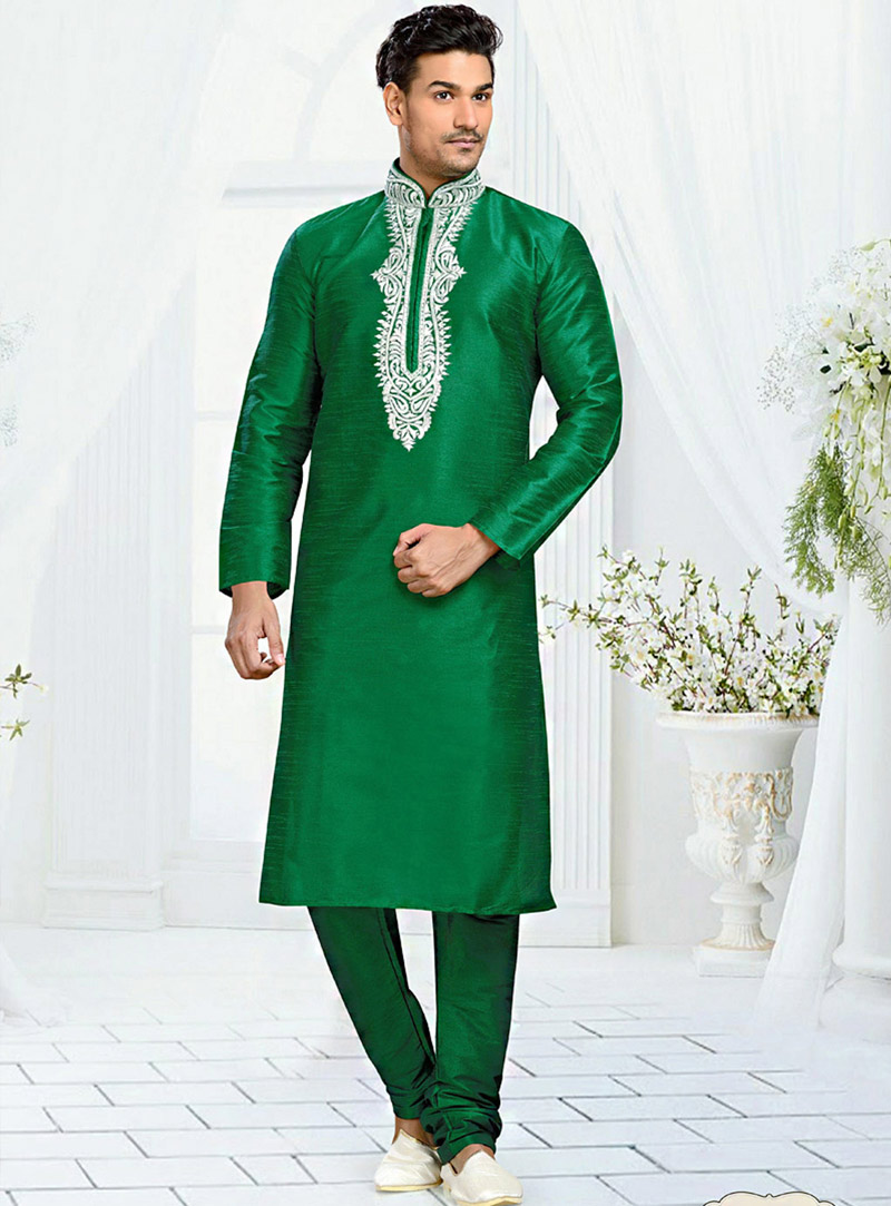 Green Dupion Readymade Kurta With Churidar 73833