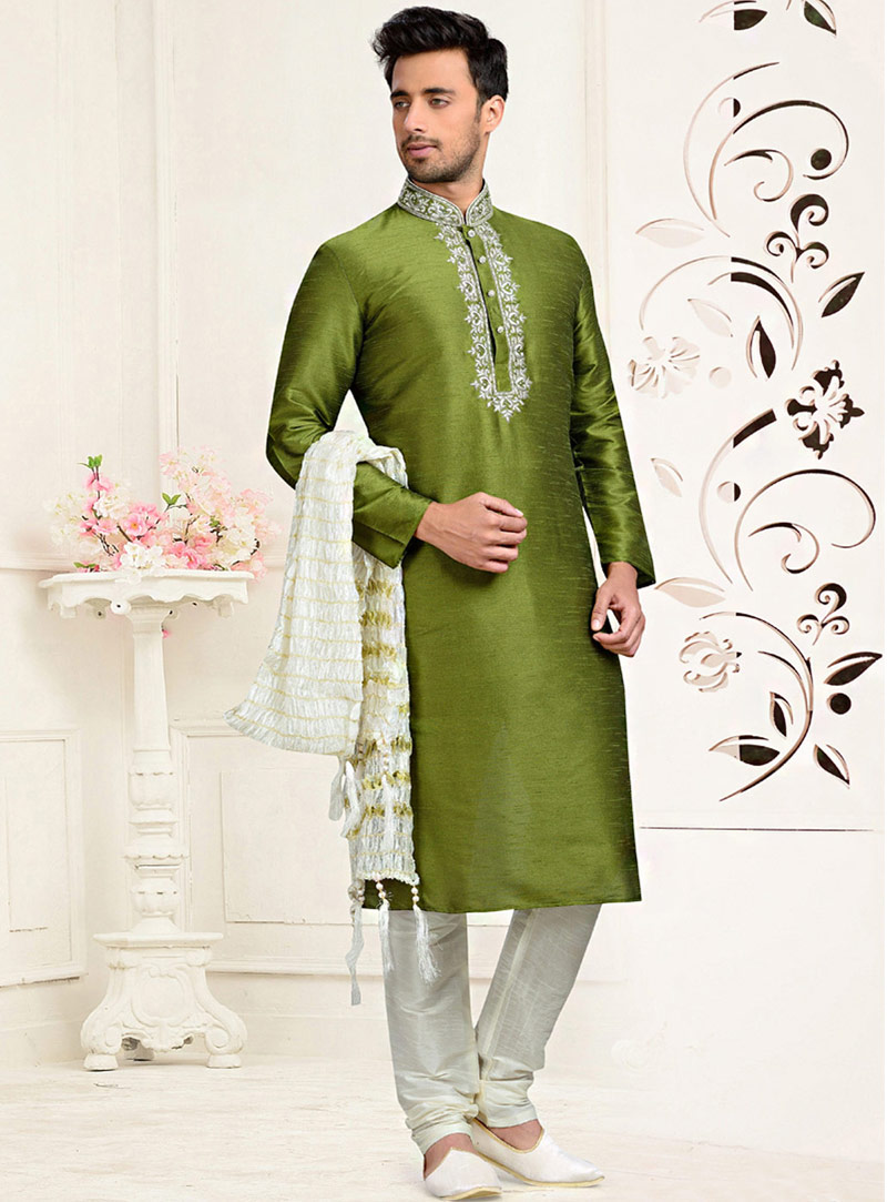 Green Dupion Readymade Kurta With Churidar 73835