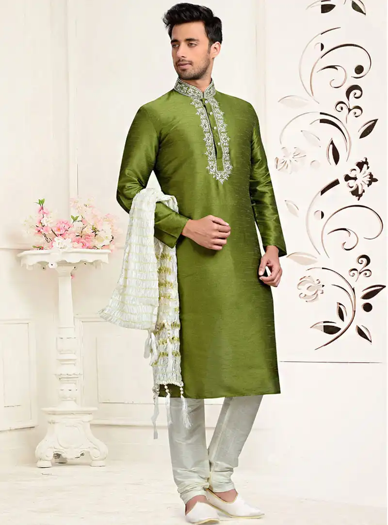 Green Dupion Readymade Kurta With Churidar 73835